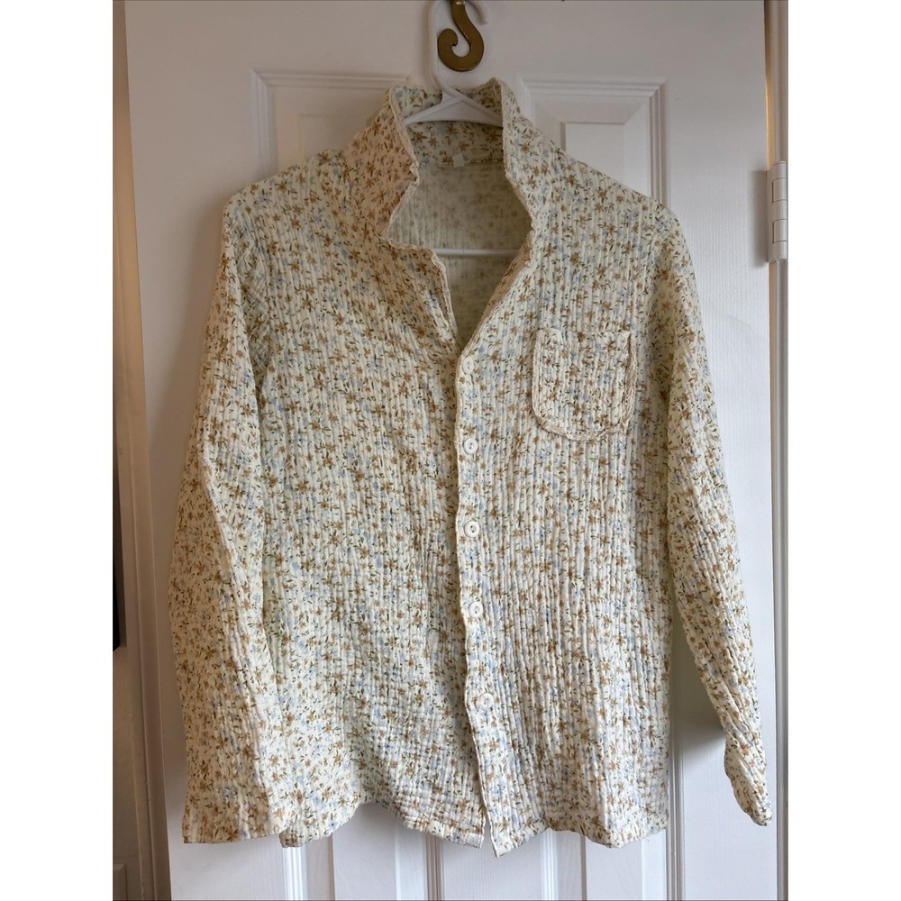 The Fleece Company Women's Muslin Pajama Top Cotton Floral Cream Brown
